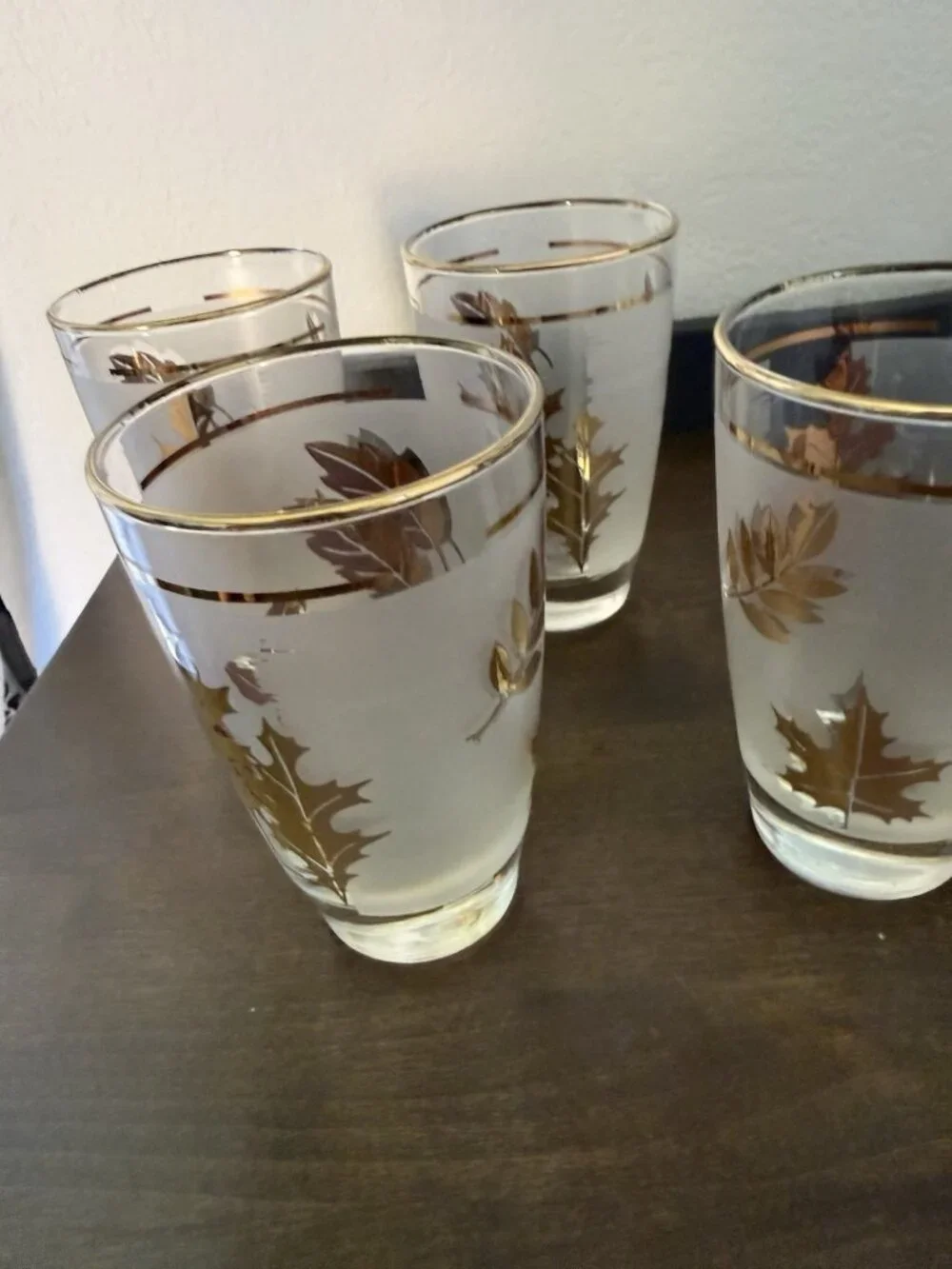 5 Vintage Libby Glass Company Tumblers Golden Foliage Pattern Frost Finish 22K